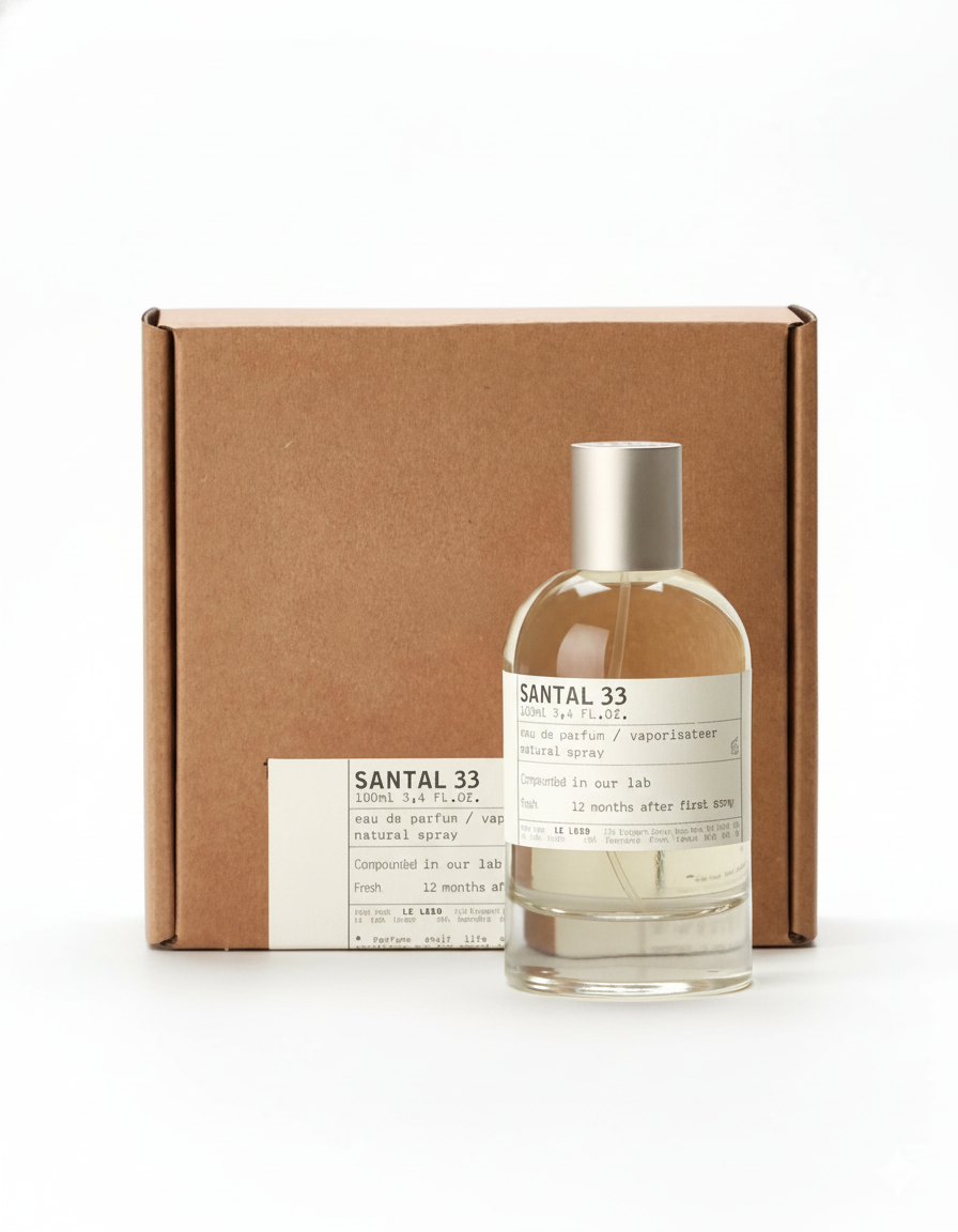 Le Labo Santal 33 unisex Eau De Parfum in 100ml bottle, sealed box, showcasing sleek glass bottle with minimalist design.