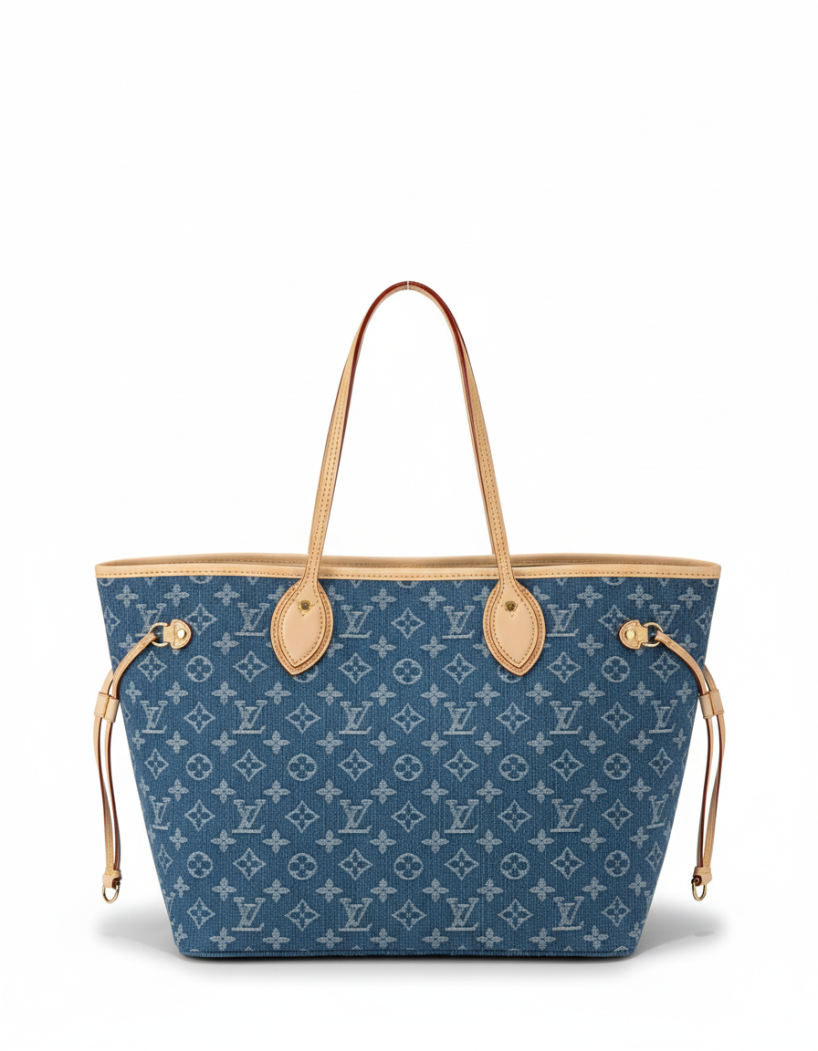 Louis Vuitton Denim Monogram Neverfull tote bag with leather handles, luxury designer handbag with spacious interior and classic print.