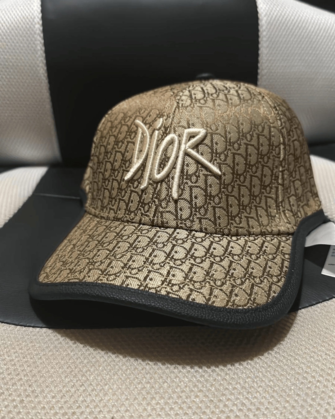 Dior Oblique embroidered baseball cap by Luxivio with luxury designer streetwear style and embroidered logo on front.
