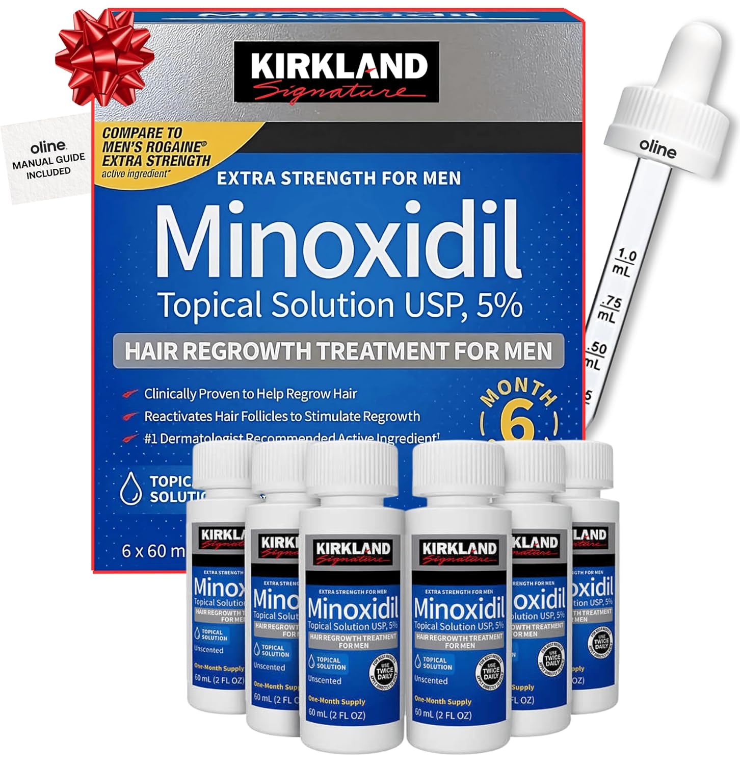 Luxivio Kirkland Minoxidil 5% topical solution bottle for hair regrowth treatment, with applicator brush visible in the image.