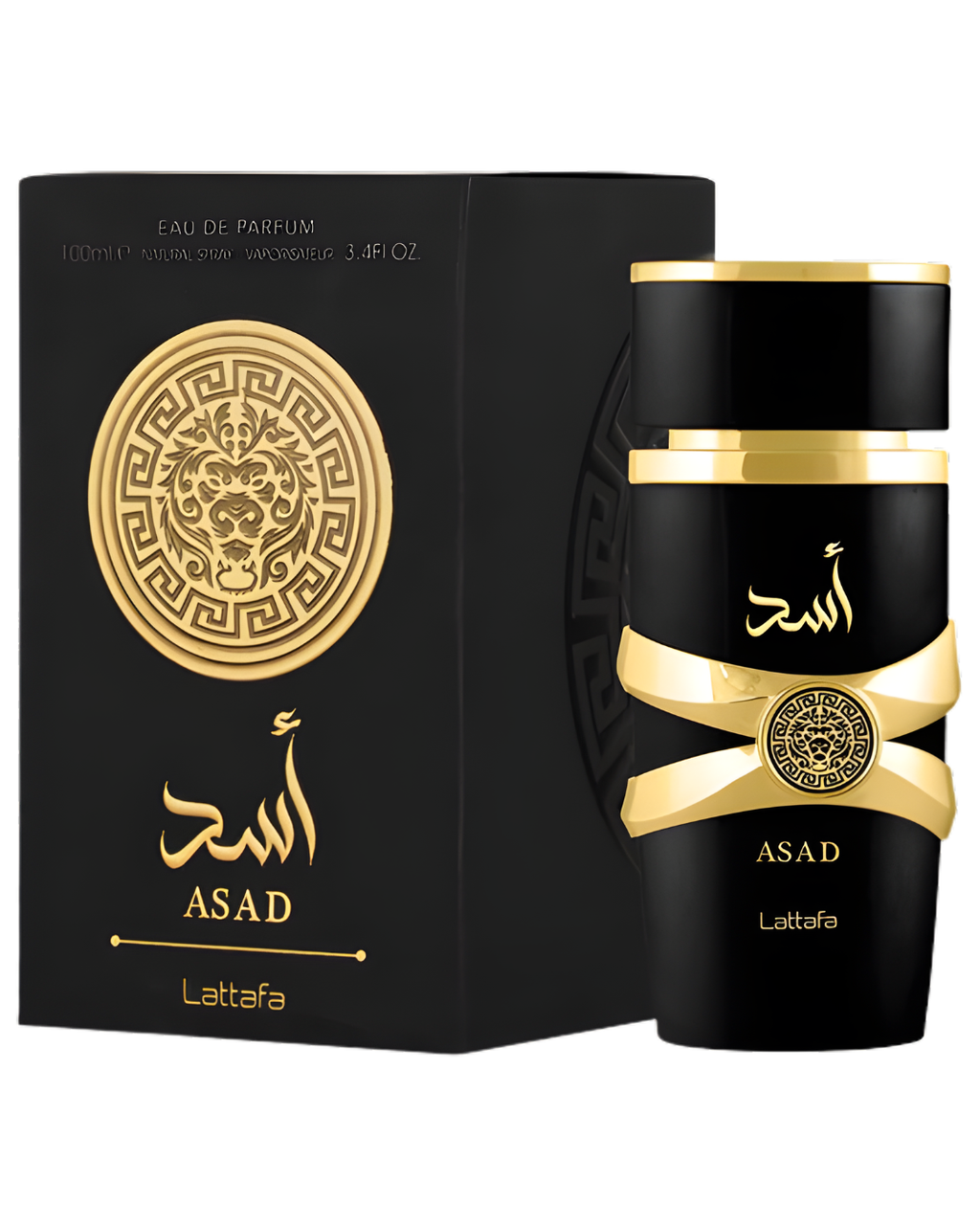 Lattafa Asad Eau De Parfum 100ml bottle, men's luxury fragrance with long-lasting scent, displayed with elegant packaging.