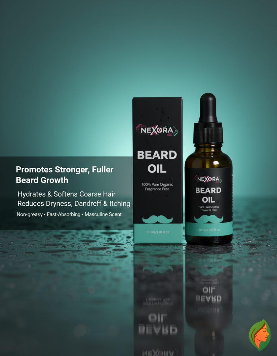 Luxivio NEXORA beard oil 30ml in a clear bottle, organic fragrance-free beard growth and care oil with a dropper cap.