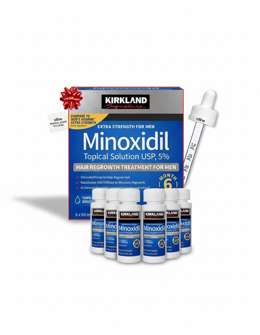 Luxivio Kirkland Minoxidil 5% topical solution bottle for hair regrowth treatment, with applicator tip and label visible.