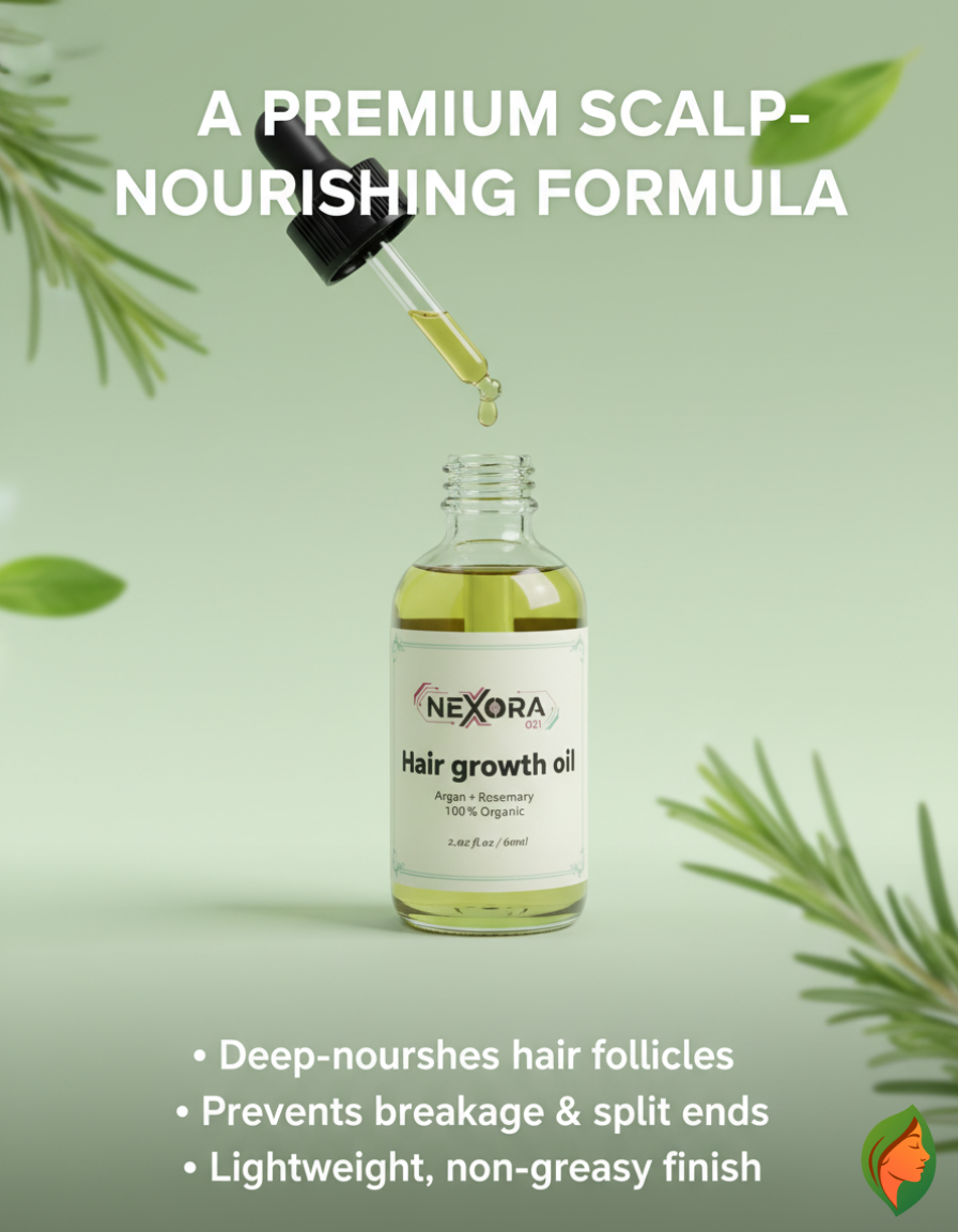 Luxivio NEXORA Hair Growth Oil with organic argan and rosemary for natural hair regrowth, 60ml bottle displayed.