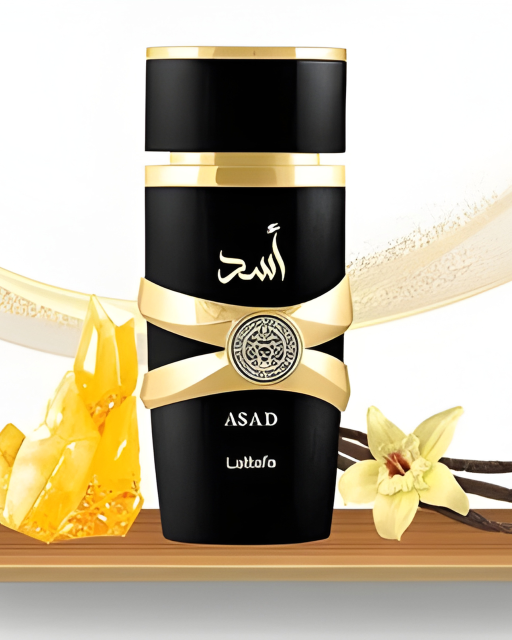 Lattafa Asad Eau De Parfum 100ml bottle, luxury men's fragrance with long-lasting scent, displayed with elegant packaging.