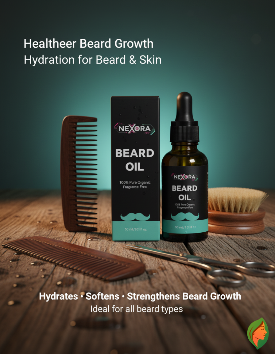 Luxivio NEXORA beard oil 30ml with organic, fragrance-free formula, featuring a dropper for beard growth and care.
