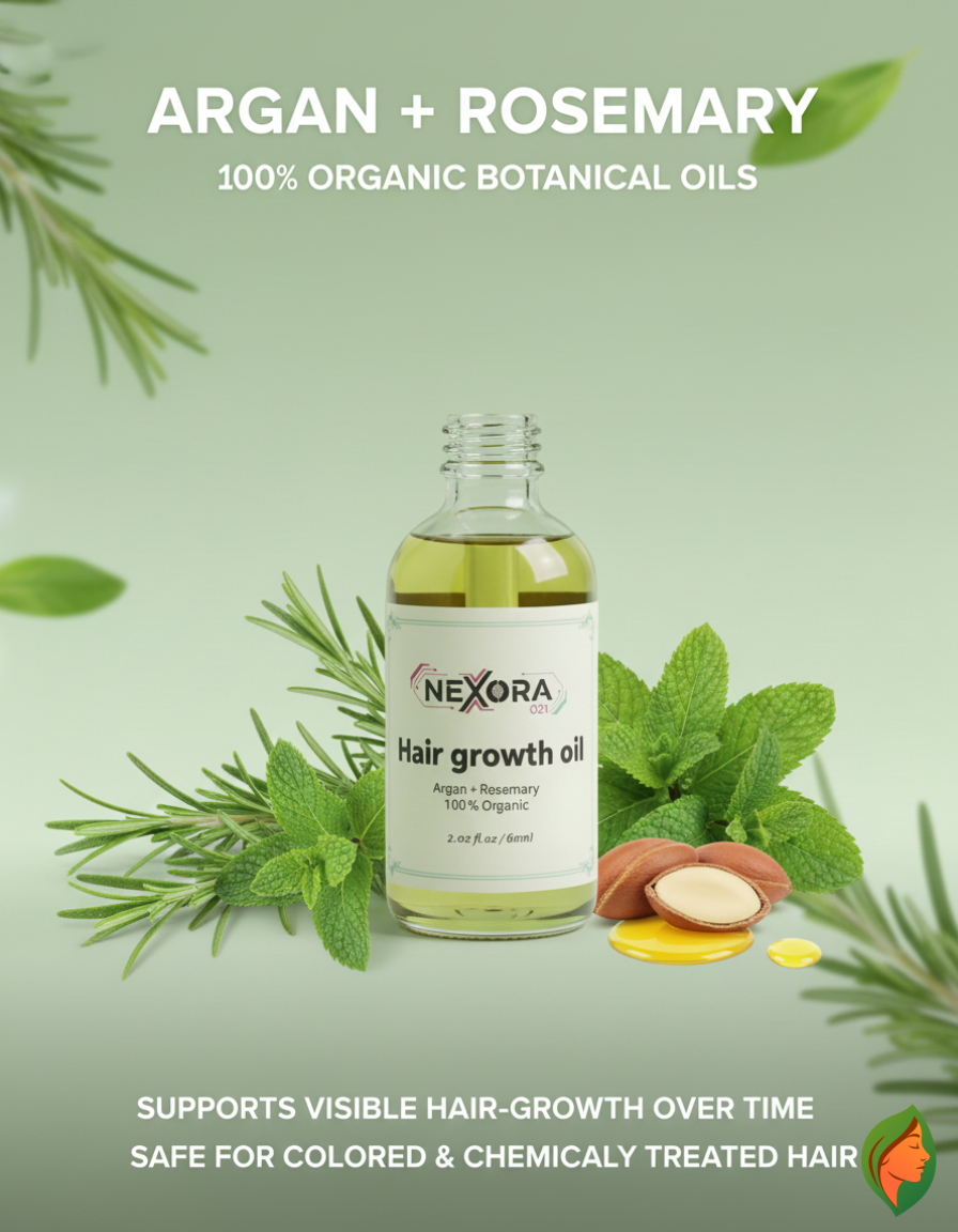 Luxivio NEXORA Hair Growth Oil 60ml with organic argan and rosemary for hair regrowth treatment, shown in a clear bottle with a dropper.