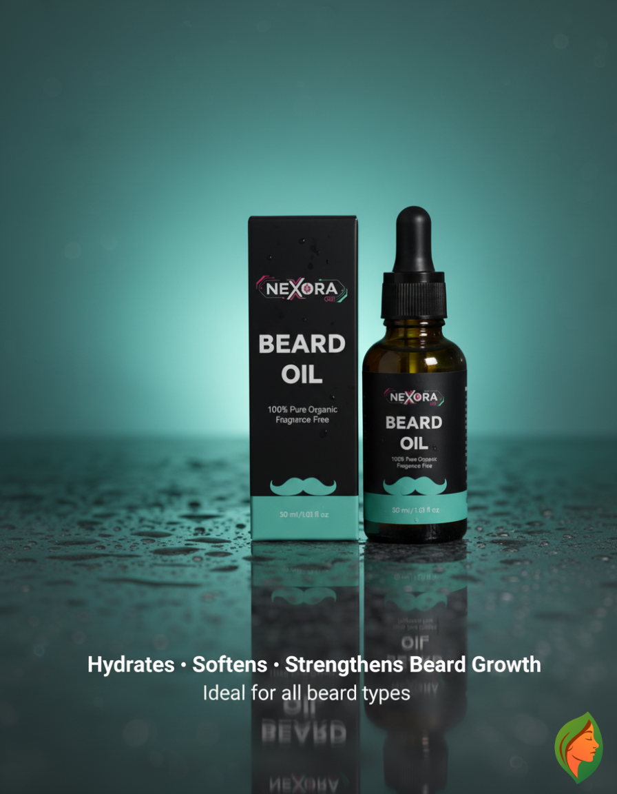 Luxivio NEXORA beard oil 30ml bottle, organic fragrance-free beard growth and care product with a sleek design.