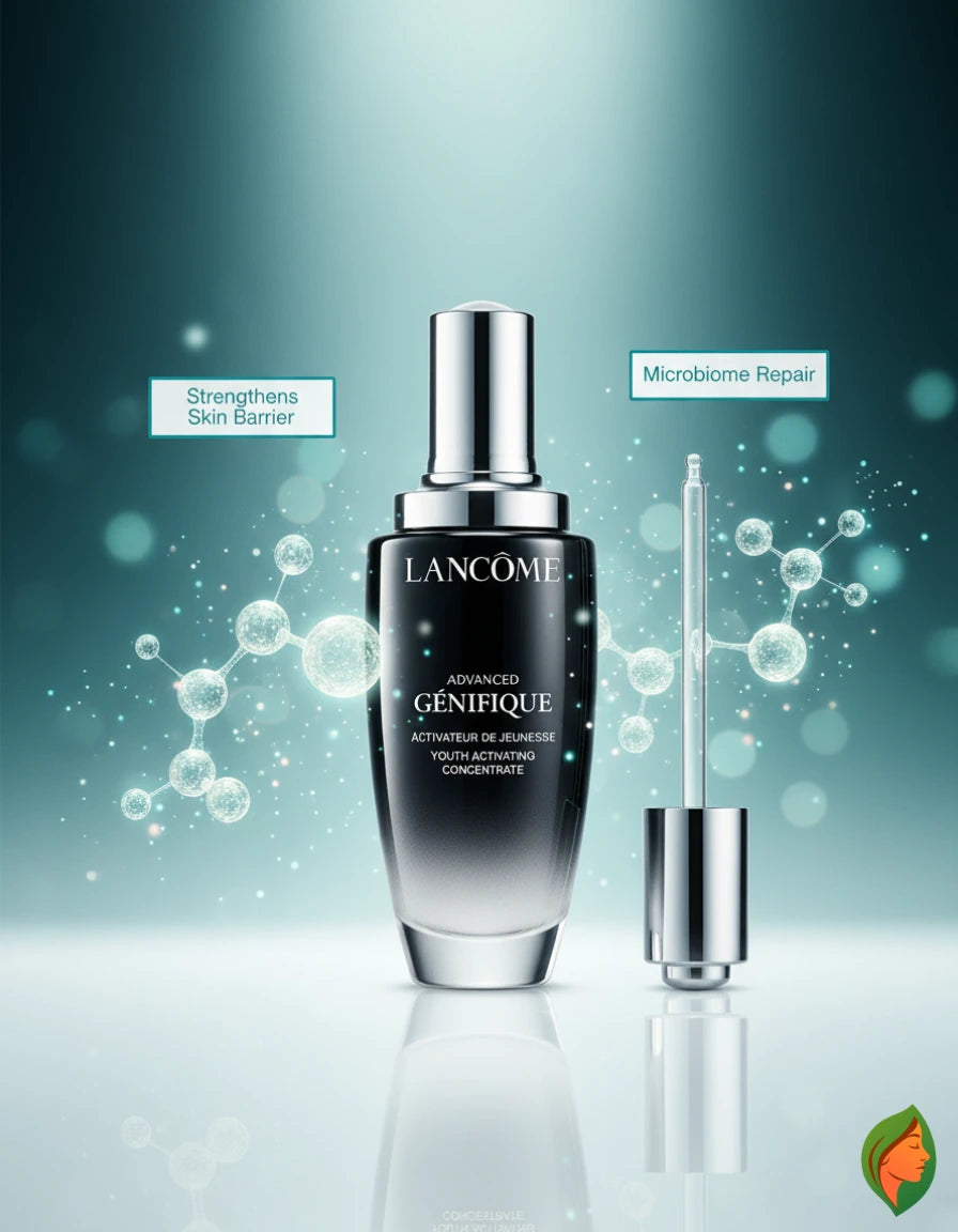 Lancôme Advanced Génifique Youth Activating Serum in a sleek bottle, designed for anti-aging skincare.