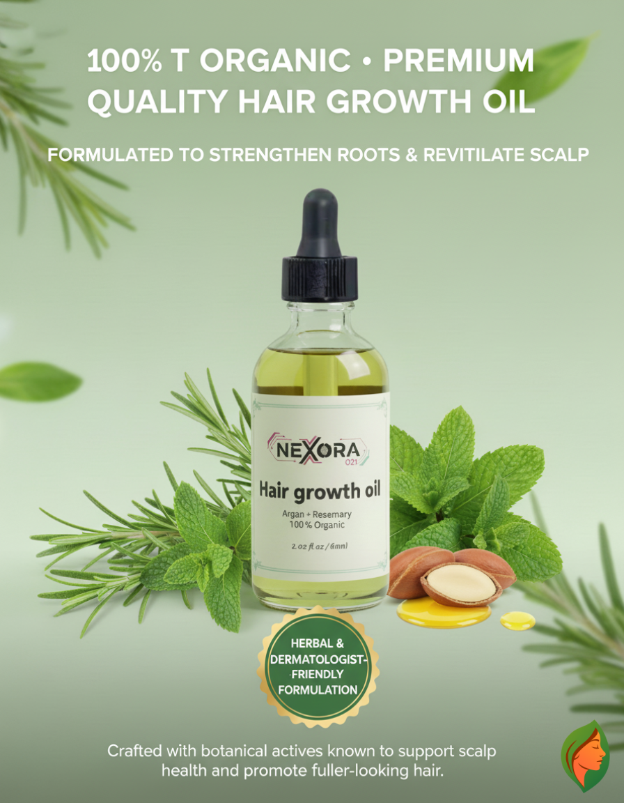 Luxivio NEXORA Hair Growth Oil bottle with organic argan and rosemary ingredients, designed for hair regrowth treatment.