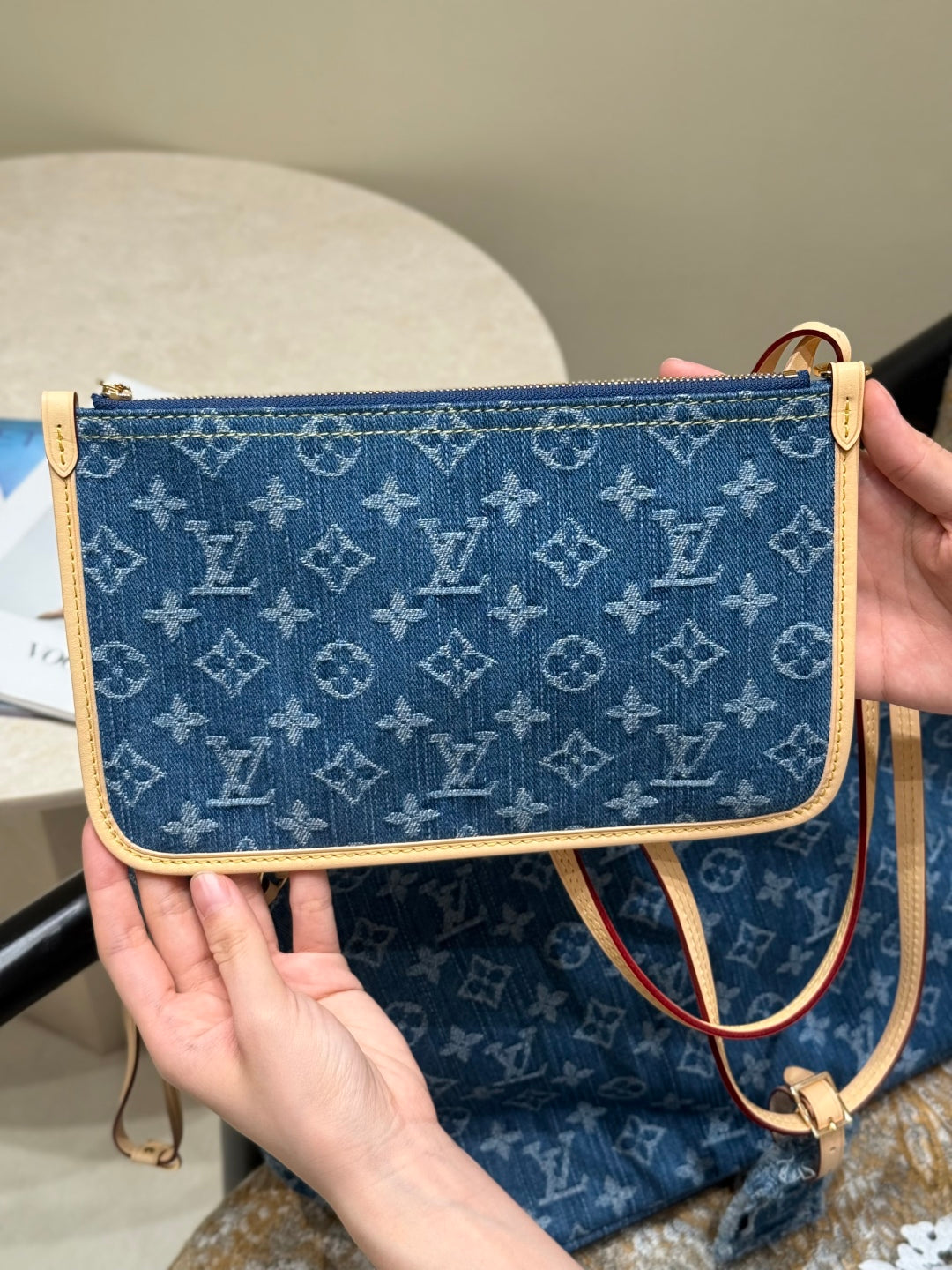 Louis Vuitton Denim Monogram Neverfull Tote Bag, luxury designer handbag with denim and monogram pattern, spacious and stylish.