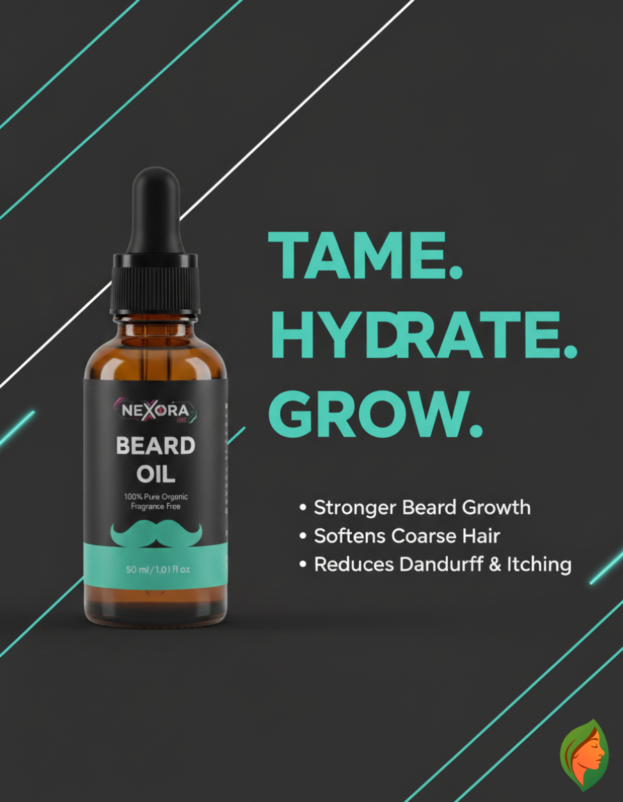 Luxivio NEXORA beard oil 30ml bottle with dropper, organic fragrance-free beard growth and care oil for men.