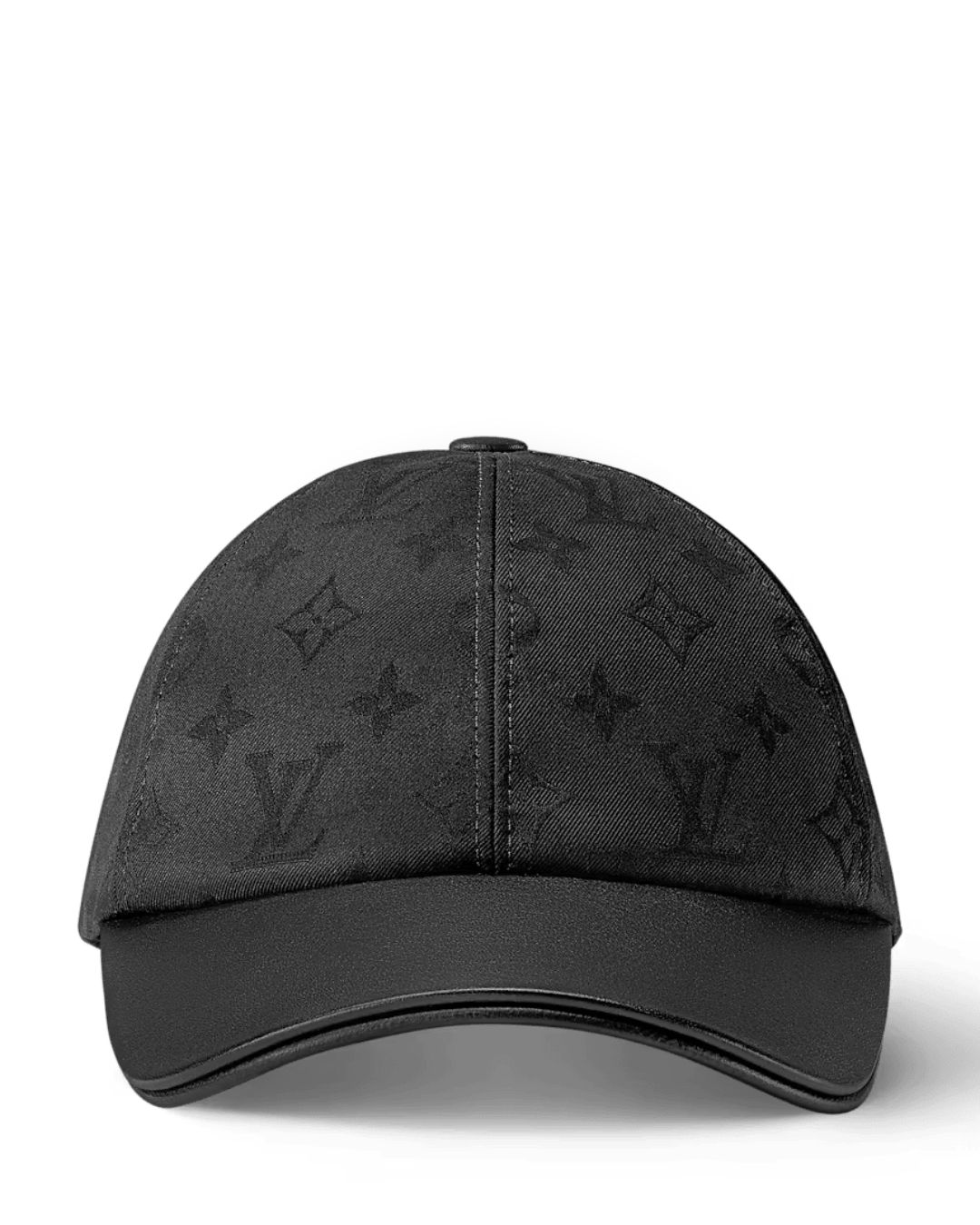 Louis Vuitton Monogram black luxury baseball cap with designer branding and adjustable strap, stylish streetwear accessory.