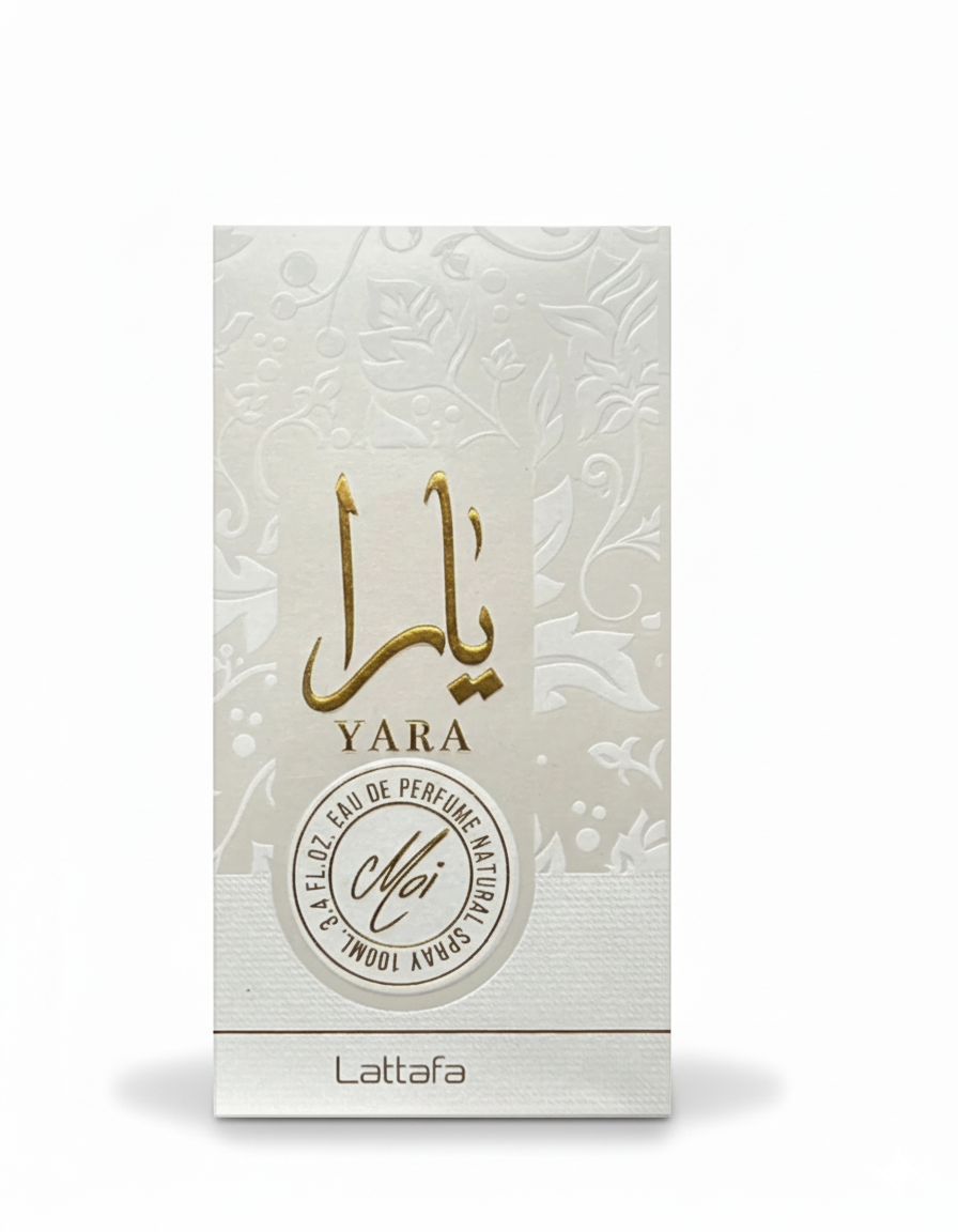 Lattafa Yara Moi Eau De Parfum 100ml bottle with elegant packaging, showcasing a luxurious, creamy, sweet women's fragrance.