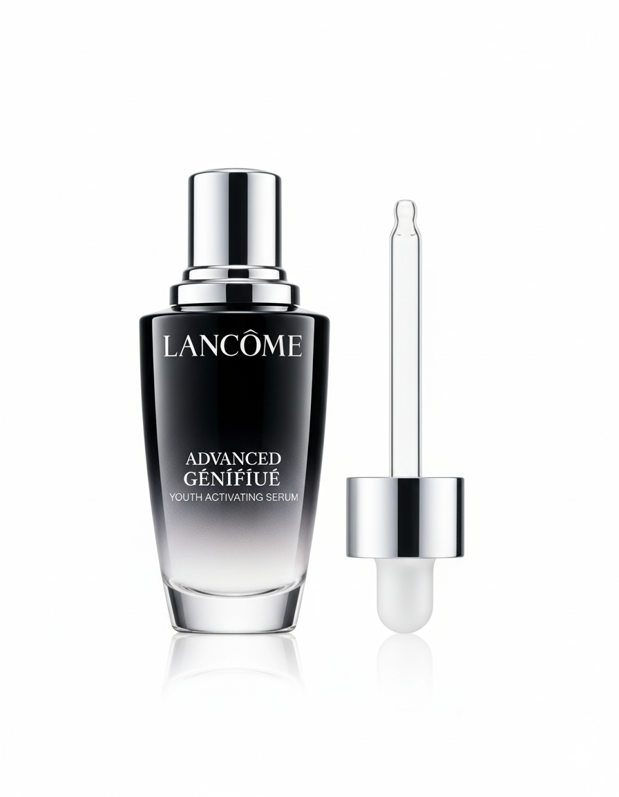 Lancôme Advanced Génifique Youth Activating Serum bottle, front view, anti-aging face serum with sleek design and pump dispenser.