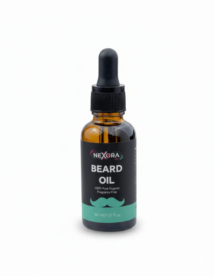 Luxivio NEXORA beard oil bottle, 30ml, organic fragrance-free beard growth and care oil with a sleek front label.