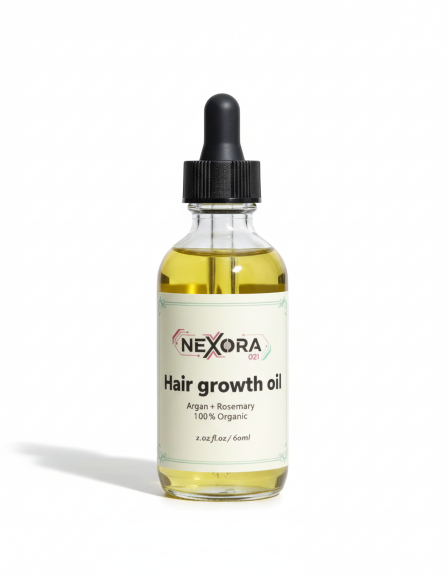 Luxivio NEXORA Hair Growth Oil 60ml with organic argan and rosemary, shown in a clear bottle with a dropper cap.